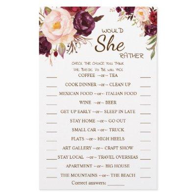 Would She Rather Marsala Bridal Shower Game Card Flyer