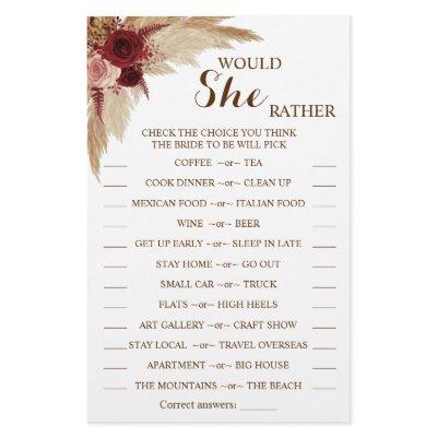 Would She Rather Pampas Bridal Shower Game Card Flyer