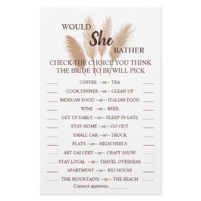 Would She Rather Pampas Bridal Shower Game Card Flyer