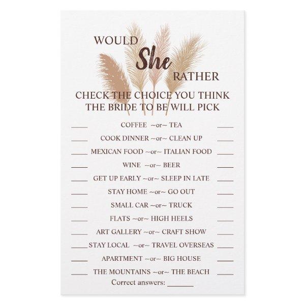 Would She Rather Pampas Bridal Shower Game Card Flyer