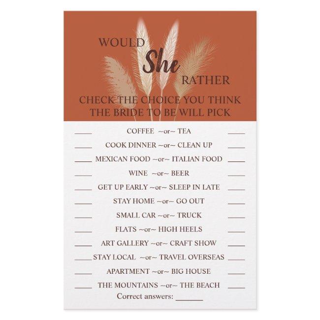 Would She Rather Pampas Bridal Shower Game Card Flyer