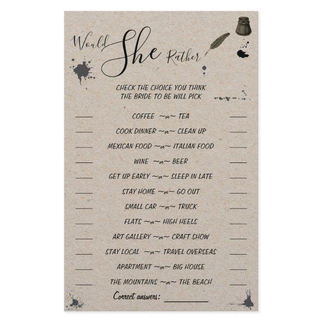 Would She Rather | Pen & Inkwell Shower Game Card Flyer
