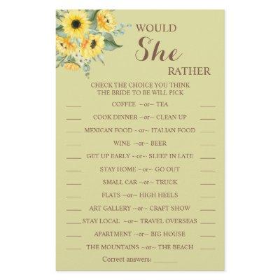 Would She Rather Sunflower Bridal Shower Game Card Flyer