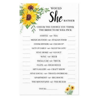 Would She Rather Sunflower Bridal Shower Game Card Flyer