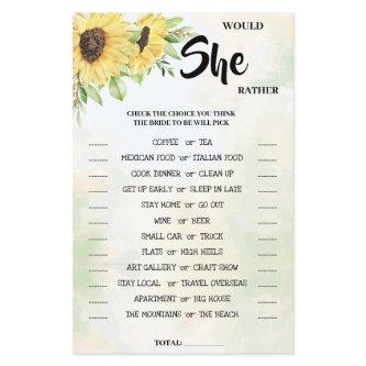 Would She Rather Sunflower Bridal Shower Game Card Flyer