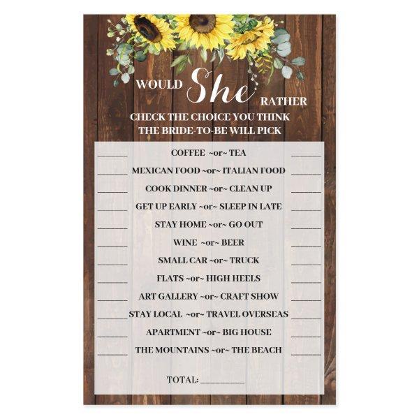 Would She Rather Sunflower Bridal Shower Game Card Flyer