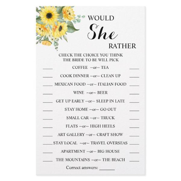 Would She Rather Sunflower Bridal Shower Game Card Flyer