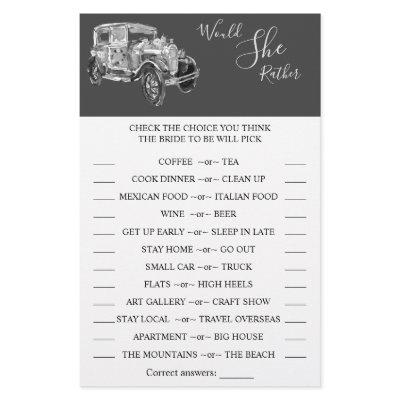 Would She Rather Wedding Car Shower Game Card Flyer