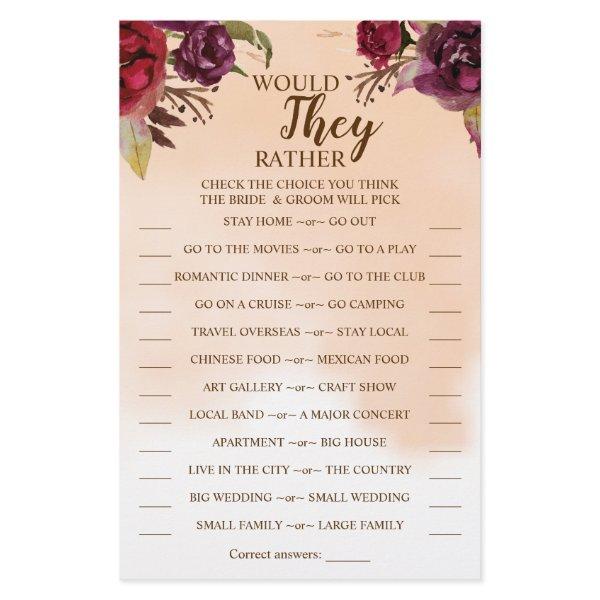 Would They Rather Burgundy Shower Game Card Flyer