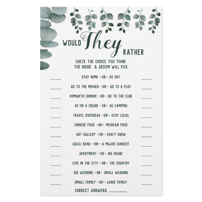 Would They Rather Eucalyptus Shower Game Card Flyer