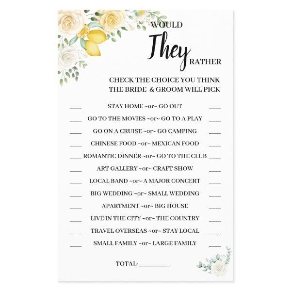 Would They Rather Lemons & Roses Shower Game Card Flyer
