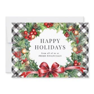 Wreath Holly Berries Black Plaid Business Holiday Card