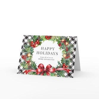 Wreath Holly Berries Black Plaid Business Holiday Card