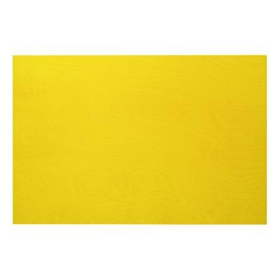 Yellow and orange abstract shapes overlap on a pla wood wall art