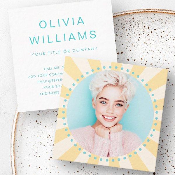 Yellow sunburst aqua blue dots trendy fresh photo square