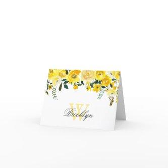 Yellow Watercolor Floral Monogrammed Note Card