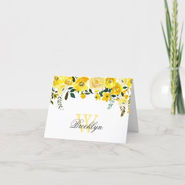 Yellow Watercolor Floral Monogrammed Note Card