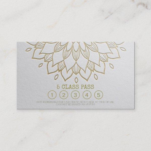 Yoga Class Pass White Gold Embossed Mandala Floral Loyalty Card