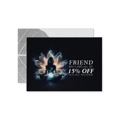 Yoga Instructor Meditation Pose Glowing Mist Lotus Referral Card