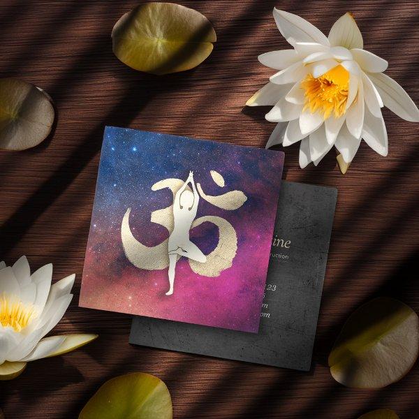 Yoga Meditation Pose Gold OM Symbol Galaxy Nebula Square