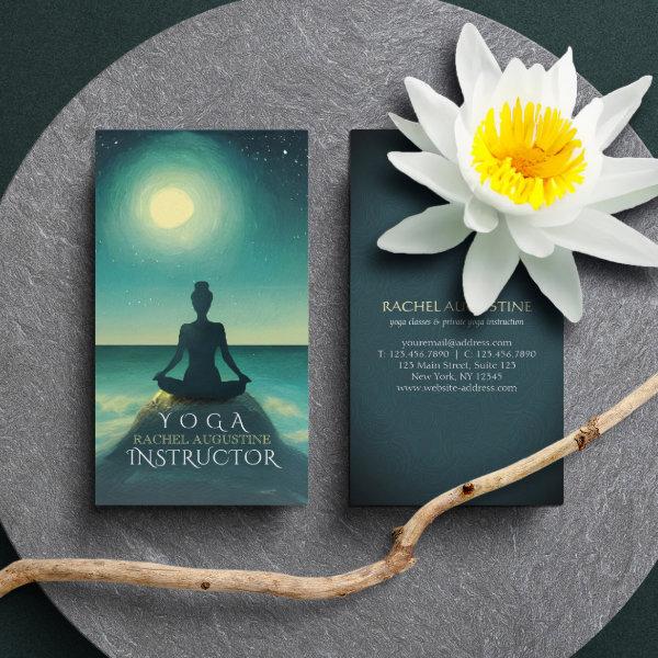Yoga Meditation Pose on Rock Full Moon Stars Night