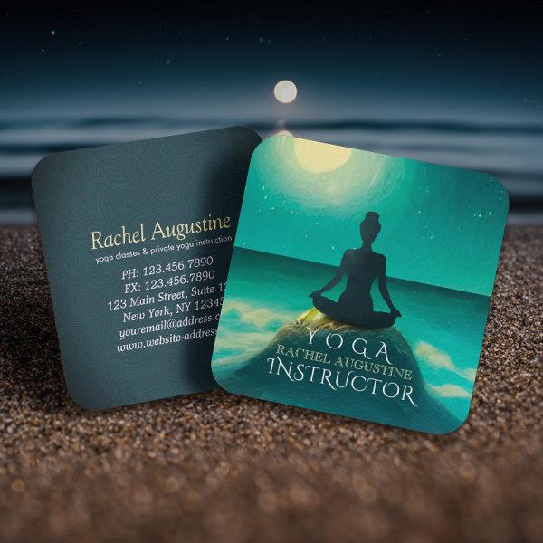 Yoga Meditation Pose on Rock Full Moon Stars Night Square