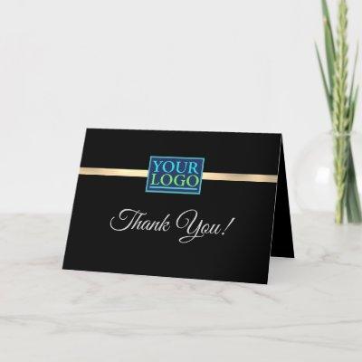 Your Logo Business Name Brushed Gold Stripe, Black Thank You Card