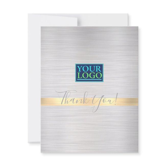 Your Logo Business Name Brushed Silver Gold Stripe Thank You Card
