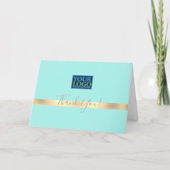 Your Logo Business Name, Gold Stripe, Mint Green Thank You Card