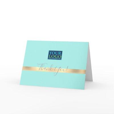 Your Logo Business Name, Gold Stripe, Mint Green Thank You Card