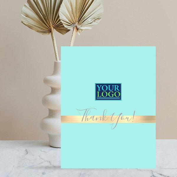 Your Logo, Business Name, Gold Stripe, Mint Green Thank You Card