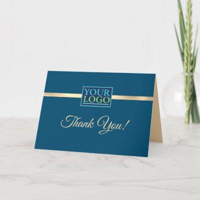 Your Logo, Business Name, Gold Stripe/Ocean Blue Thank You Card