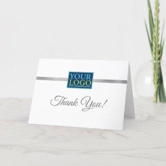 Your Logo Business Name, Silver Stripe on White Thank You Card