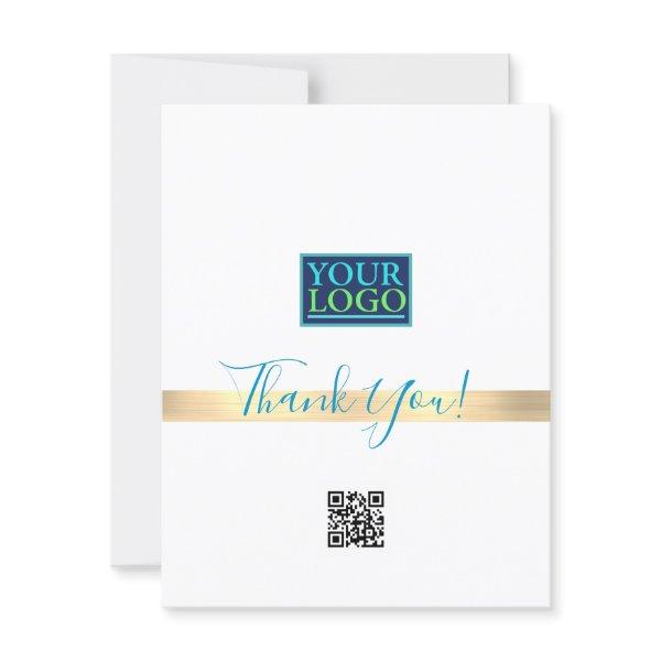 Your Logo QR Code Bus Name, Gold Stripe, Blue Thank You Card