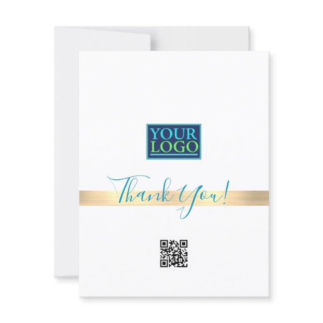Your Logo QR Code Bus Name, Gold Stripe, Blue Thank You Card