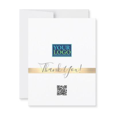 Your Logo QR Code Bus Name, Gold Stripe, Grey/Blue Thank You Card