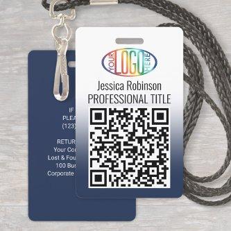 Your Logo, QR, Name and Title Navy Blue Gradient Badge