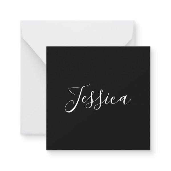 Your Name | Elegant White Script on Black Note Card