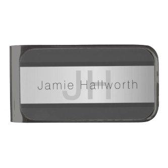 Your Name & Monogram | Greys & Faux Silver Look Gunmetal Finish Money Clip
