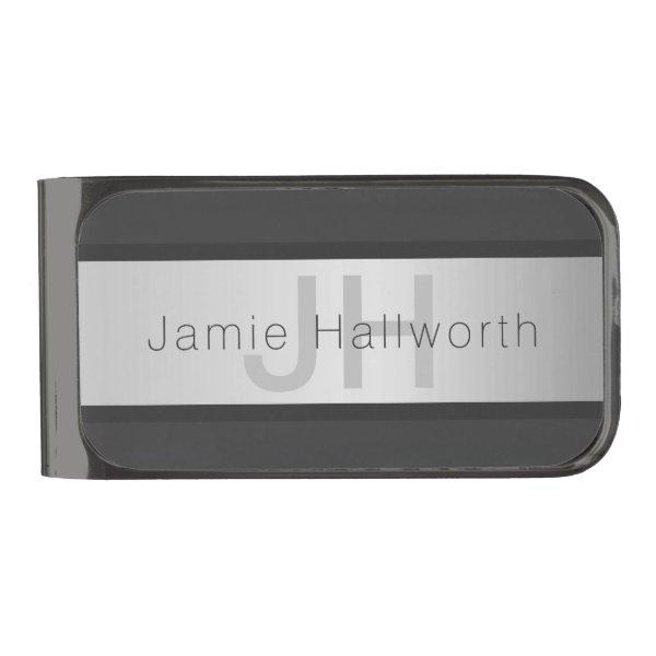 Your Name & Monogram | Greys & Faux Silver Look Gunmetal Finish Money Clip
