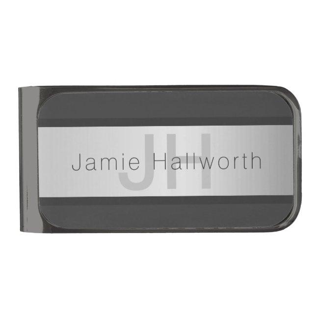 Your Name & Monogram | Greys & Faux Silver Look Gunmetal Finish Money Clip