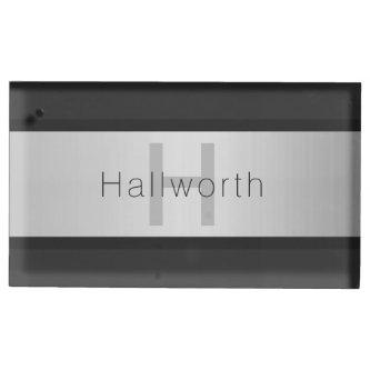 Your Name & Monogram | Greys & Faux Silver Look Place Card Holder