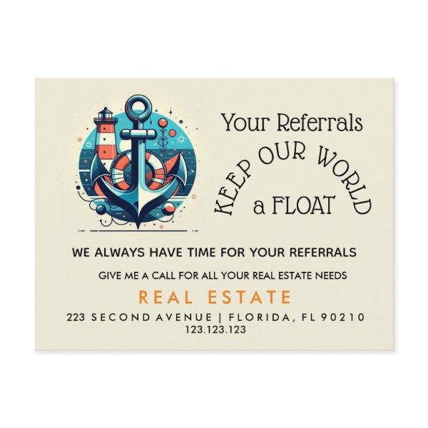 Your Referrals Keep Our World aFLOAT" – Anchor  Announcement Postcard