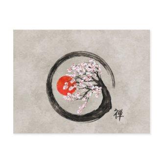 Zen Enso Circle and Sakura Tree on Canvas Holiday Postcard